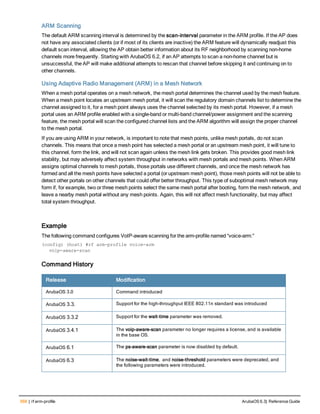 568 | rf arm-profile ArubaOS 6.3| Reference Guide
ARM Scanning
The default ARM scanning interval is determined by the scan-interval parameter in the ARM profile. If the AP does
not have any associated clients (or if most of its clients are inactive) the ARM feature will dynamically readjust this
default scan interval, allowing the AP obtain better information about its RF neighborhood by scanning non-home
channels more frequently. Starting with ArubaOS 6.2, if an AP attempts to scan a non-home channel but is
unsuccessful, the AP will make additional attempts to rescan that channel before skipping it and continuing on to
other channels.
Using Adaptive Radio Management (ARM) in a Mesh Network
When a mesh portal operates on a mesh network, the mesh portal determines the channel used by the mesh feature.
When a mesh point locates an upstream mesh portal, it will scan the regulatory domain channels list to determine the
channel assigned to it, for a mesh point always uses the channel selected by its mesh portal. However, if a mesh
portal uses an ARM profile enabled with a single-band or multi-band channel/power assignment and the scanning
feature, the mesh portal will scan the configured channel lists and the ARM algorithm will assign the proper channel
to the mesh portal.
If you are using ARM in your network, is important to note that mesh points, unlike mesh portals, do not scan
channels. This means that once a mesh point has selected a mesh portal or an upstream mesh point, it will tune to
this channel, form the link, and will not scan again unless the mesh link gets broken. This provides good mesh link
stability, but may adversely affect system throughput in networks with mesh portals and mesh points. When ARM
assigns optimal channels to mesh portals, those portals use different channels, and once the mesh network has
formed and all the mesh points have selected a portal (or upstream mesh point), those mesh points will not be able to
detect other portals on other channels that could offer better throughput. This type of suboptimal mesh network may
form if, for example, two or three mesh points select the same mesh portal after booting, form the mesh network, and
leave a nearby mesh portal without any mesh points. Again, this will not affect mesh functionality, but may affect
total system throughput.
Example
The following command configures VoIP-aware scanning for the arm-profile named “voice-arm:”
(config) (host) #rf arm-profile voice-arm
voip-aware-scan
Command History
Release Modification
ArubaOS 3.0 Command introduced
ArubaOS 3.3. Support for the high-throughput IEEE 802.11n standard was introduced
ArubaOS 3.3.2 Support for the wait-time parameter was removed.
ArubaOS 3.4.1 The voip-aware-scan parameter no longer requires a license, and is available
in the base OS.
ArubaOS 6.1 The ps-aware-scan parameter is now disabled by default.
ArubaOS 6.3 The noise-wait-time, and noise-threshold parameters were deprecated, and
the following parameters were introduced.
 