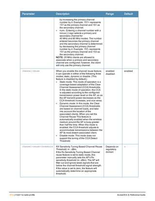 572 | rf dot11a-radio-profile ArubaOS 6.3| Reference Guide
Parameter Description Range Default
by increasing the primary channel
number by 4. Example: 157+ represents
157 as the primary channel and 161 as
the secondary channel.
l num-: Entering a channel number with a
minus (-) sign selects a primary and
secondary channel for
40 MHz and 80 Mhz modes. The number
entered becomes the primary channel
and the secondary channel is determined
by decreasing the primary channel
number by 4. Example: 157- represents
157 as the primary channel and 153 as
the secondary channel.
NOTE: 20 MHz clients are allowed to
associate when a primary and secondary
channel are configured; however, the client
will only use the primary channel.
channel-reuse When you enable the channel reuse feature,
it can operate in either of the following three
modes; static, dynamic or disable. (This
feature is disabled by default.)
l Static mode: This mode of operation is a
coverage-based adaptation of the Clear
Channel Assessment (CCA) thresholds.
In the static mode of operation, the CCA
is adjusted according to the configured
transmission power level on the AP, so as
the AP transmit power decreases as the
CCA threshold increases, and vice versa.
l Dynamic mode: In this mode, the Clear
Channel Assessment (CCA) thresholds
are based on channel loads, and take
into account the location of the
associated clients. When you set the
Channel Reuse This feature is
automatically enabled when the wireless
medium around the AP is busy greater
than half the time. When this mode is
enabled, the CCA threshold adjusts to
accommodate transmissions between the
AP its most distant associated client.
l Disable mode: This mode does not
support the tuning of the CCA Detect
Threshold.
enabled
disabled
enabled
channel-reuse-threshold RX Sensitivity Tuning Based Channel Reuse
Threshold, in - dBm.
If the Rx Sensitivity Tuning Based Channel
reuse feature is set to static mode, this
parameter manually sets the AP’s Rx
sensitivity threshold (in -dBm). The AP will
filter out and ignore weak signals that are
below the channel threshold signal strength.
If the value is set to zero, the feature will
automatically determine an appropriate
threshold.
Depends on
regulatory
domain
—
 