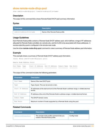 show remote-node-dhcp-pool
show remote-node-dhcp-pool <remote-node-profile-name>
Description
The output of this command lists shows Remote Node DHCP pool summary information.
Syntax
Parameter Description
remote-node-profile-name Name of the Remote Node profile
Usage Guidelines
Each Remote Node profile contains a Remote Node DHCP address pool, which defines a range of IP addresses
allocated for Remote Node controllers at a remote site, and the VLAN to be associated with those addresses. A
remote-node dhcp pool is configured in the remote-note mode.
Use the show remote-node-dhcp-pool command to view a summary of Remote Node address pool information.
Example
This example shows a summary of Remote Node DHCP address pool information.
(host) #show remote-node-dhcp-pool pool1
Remote Node Address Pools
--------------------------------------
Pool Name Type Start IP Address End IP Address Domain Name Num Hosts
--------- ---- ---------------- -------------- ----------- ---------
The output of this command includes the following parameters:
Parameter Description
Pool Name Name of the new DHCP pool.
Type Type of pool. This can be tunnel or vlan.
Start IP Address IP addresses at the start and end of the Remote Node’s address range, in dotted-decimal
format.
End IP Address IP address at the end of the Remote Node’s address range, in dotted-decimal format.
Domain Name The DHCP domain name.
Num Hosts Maximum number of hosts supported by a Remote Node using this pool.
Related Commands
Command Description Mode
remote-node-profile The remote-node-profile command lets you
create a Remote Node profile.
Config mode
ArubaOS 6.3 | Reference Guide show remote-node-dhcp-pool | 605
 