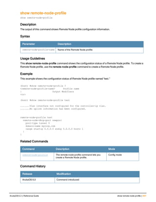 show remote-node-profile
show remote-node-profile
Description
The output of this command shows Remote Node profile configuration information.
Syntax
Parameter Description
remote-node-profile-name Name of the Remote Node profile
Usage Guidelines
This show remote-node-profile command shows the configuration status of a Remote Node profile. To create a
Remote Node profile, use the remote-node-profile command to create a Remote Node profile.
Example
This example shows the configuration status of Remote Node profile named “test.”
(host) #show remote-node-profile ?
<remote-node-profile-name> Profile name
| Output Modifiers
<cr>
(host) #show remote-node-profile test
.......Vlan interface not configured for the controller-ip vlan.
.......No uplink information has been configured.
remote-node-profile test
remote-node-dhcp-pool newpool
pool-type tunnel 0
domain-name mycorp.com
range startip 0.0.0.0 endip 0.0.0.0 hosts 1
!
!
Related Commands
Command Description Mode
remote-node-profile The remote-node-profile command lets you
create a Remote Node profile.
Config mode
Command History
Release Modification
ArubaOS 6.0 Command introduced
ArubaOS 6.3 | Reference Guide show remote-node-profile | 607
 