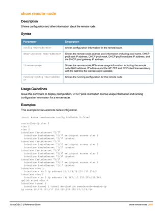 show remote-node
Description
Shows configuration and other information about the remote node.
Syntax
Parameter Description
config <mac-address> Shows configuration information for the remote node.
dhcp-instance <mac-address> Shows the remote node address pool information including pool name, DHCP
pool start IP address, DHCP pool mask, DHCP pool broadcast IP address, and
the DHCP pool gateway IP address.
license-usage Shows the remote node AP license usage information including the remote
node MAC address, IP address and the AP, PEF and RF Protect licenses along
with the last time the licenses were updated.
running-config <mac-addres
s>
Shows the running configuration for this remote node
Usage Guidelines
Issue this command to display configuration, DHCP pool information license usage information and running
configuration information for a remote node.
Examples
This example shows a remote node configuration.
(host) #show remote-node config 00:0b:86:f0:26:e0
controller-ip vlan 2
vlan 2
vlan 3
interface fastethernet "1/7"
interface fastethernet "1/7" switchport access vlan 3
interface fastethernet "1/7" trusted
interface fastethernet "1/2"
interface fastethernet "1/2" switchport access vlan 2
interface fastethernet "1/2" trusted
interface fastethernet "1/3"
interface fastethernet "1/3" switchport access vlan 2
interface fastethernet "1/3" trusted
interface fastethernet "1/1"
interface fastethernet "1/1" switchport access vlan 2
interface fastethernet "1/1" trusted
interface vlan 3
interface vlan 3 ip address 10.3.29.79 255.255.255.0
interface vlan 2
interface vlan 2 ip address 192.167.1.1 255.255.255.240
uplink wired vlan 4
interface tunnel 1
interface tunnel 1 tunnel destination remote-node-master-ip
ip route 10.100.102.217 255.255.255.255 10.3.29.254
ArubaOS 6.3 | Reference Guide show remote-node | 609
 
