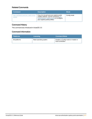 Related Commands
Command Description Mode
aaa authentication captive-p
ortal
If you do not yet have any captive portal
profiles defined, use the command aaa
authentication captive-portal to configure
your captive portal profiles.
Config mode
Command History
This command was introduced in ArubaOS 3.0.
Command Information
Platforms Licensing Command Mode
All platforms Base operating system Enable or Config mode on master or
local controllers
ArubaOS 6.3 | Reference Guide show aaa authentication captive-portalcustomization | 617
 