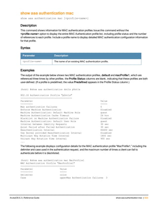 show aaa authentication mac
show aaa authentication mac [<profile-name>]
Description
This command shows information for MAC authentication profiles.Issue this command without the
<profile-name> option to display the entire MAC Authentication profile list, including profile status and the number
of references to each profile. Include a profile name to display detailed MAC authentication configuration information
for that profile.
Syntax
Parameter Description
<profile-name> The name of an existing MAC authentication profile.
Examples
The output of the example below shows two MAC authentication profiles, default and macProfile1, which are
referenced three times by other profiles. the Profile Status columns are blank, indicating that these profiles are both
user-defined. (If a profile is predefined, the value Predefined appears in the Profile Status column.)
(host) #show aaa authentication dot1x pDot1x
802.1X Authentication Profile "pDot1x"
--------------------------------------
Parameter Value
--------- -----
Max authentication failures 0
Enforce Machine Authentication Disabled
Machine Authentication: Default Machine Role guest
Machine Authentication Cache Timeout 24 hrs
Blacklist on Machine Authentication Failure Disabled
Machine Authentication: Default User Role guest
Interval between Identity Requests 30 sec
Quiet Period after Failed Authentication 30 sec
Reauthentication Interval 86400 sec
Use Server provided Reauthentication Interval Disabled
Multicast Key Rotation Time Interval 1800 sec
Unicast Key Rotation Time Interval 900 sec
...
The following example displays configuration details for the MAC authentication profile “MacProfile1,” including the
delimiter and case used in the authentication request, and the maximum number of times a client can fail to
authenticate before it is blacklisted.
(host) #show aaa authentication mac MacProfile1
MAC Authentication Profile "MacProfile1"
----------------------------------------
Parameter Value
--------- -----
Delimiter colon
Case upperMax Authentication failures 3
ArubaOS 6.3 | Reference Guide show aaa authentication mac | 623
 