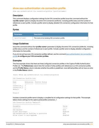 show aaa authentication via connection-profile
show aaa authentication via connection-profile [<profile-name>]
Description
This command displays configuration settings for the VIA connection profile.Issue this command without the
<profile-name> option to display the entire VIA Connection profile list, including profile status and the number of
references to each profile. Include a profile name to display detailed VIA connection configuration information for that
profile.
Syntax
Parameter Description
<profile-name> The name of an existing VIA connection profile.
Usage Guidelines
Issue this command without the <profile-name> parameter to display the entire VIA connection profile list, including
profile status and the number of references to each profile. Include a profile name to display detailed configuration
information for that profile.
If you do not yet have any VIA connection profiles defined, use the command aaa authentication via connection-
profile to configure your VIA connection profiles.
Examples
This first example shows that there are three configured connection profiles in the Captive Profile Authentication
Profile List. The References column lists the number of other profiles with references to a VIA connection profile,
and the Profile Status column indicates whether the profile is predefined. User-defined profiles will not have an entry
in the Profile Status column.
(host) #show aaa authentication via connection-profile
VIA Connection Profile List
---------------------------
Name References Profile Status
---- ---------- --------------
connection_1 3
connection_2 1
default 0
Total:3
Include a connection profile name to display a complete list of configuration settings for that profile. The example
below shows settings for the captive portal profile connection_1.
VIA Connection Profile "default"
--------------------------------
Parameter Value
--------- -----
VIA Servers N/A
Client Auto-Login Enabled
VIA Authentication Profiles to provision N/A
Allow client to auto-upgrade Enabled
ArubaOS 6.3 | Reference Guide show aaa authentication via connection-profile | 633
 