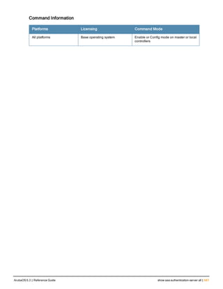 Command Information
Platforms Licensing Command Mode
All platforms Base operating system Enable or Config mode on master or local
controllers
ArubaOS 6.3 | Reference Guide show aaa authentication-server all | 647
 