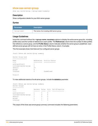 680 | show aaa server-group ArubaOS 6.3| Reference Guide
show aaa server-group
show aaa server-group [<group-name>|summary]
Description
Show configuration details for your AAA server groups.
Syntax
Parameter Description
<group-name> The name of an existing AAA server group.
Usage Guidelines
Issue this command without the ><group-name orsummary options to display the entire server group list, including
profile status and the number of references to each profile. The References column lists the number of other profiles
that reference a server group, and the Profile Status column indicates whether the server group is predefined. User-
defined server groups will not have an entry in the Profile Status column. Examples
This first example shows that there are five configured server groups
(host) #show aaa server-group summary
Server Group List
-----------------
Name References Profile Status
---- ---------- --------------
auth-profile-2 1
coltrane-server-group 1
default 25
group1 0
internal 0 Predefined
Total:5
To view additional statistics for all server groups, include the statistics parameter.
(host) #show aaa server-group summary
Server Groups
-------------
Name Servers Rules hits Out-of-service
---- ------- ----- ---- --------------
auth-profile-2 1 0 0
coltrane-server-group 1 0 0
default 1 0 0
group1 1 1 0
internal 1 1 0
The output of the show aaa server-group summary command includes the following parameters:
 