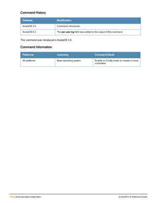 688 | show aaa state configuration ArubaOS 6.3| Reference Guide
Command History
Release Modification
ArubaOS 3.0 Command introduced.
ArubaOS 6.3 The per-user log field was added to the output of this command
This command was introduced in ArubaOS 3.0.
Command Information
Platforms Licensing Command Mode
All platforms Base operating system Enable or Config mode on master or local
controllers
 