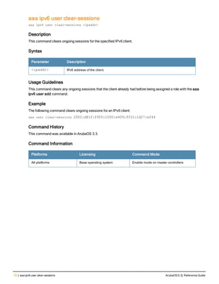72 | aaa ipv6 user clear-sessions ArubaOS 6.3| Reference Guide
aaa ipv6 user clear-sessions
aaa ipv6 user clear-sessions <ipaddr>
Description
This command clears ongoing sessions for the specified IPv6 client.
Syntax
Parameter Description
<ipaddr> IPv6 address of the client.
Usage Guidelines
This command clears any ongoing sessions that the client already had before being assigned a role with the aaa
ipv6 user add command.
Example
The following command clears ongoing sessions for an IPv6 client:
aaa user clear-sessions 2002:d81f:f9f0:1000:e409:9331:1d27:ef44
Command History
This command was available in ArubaOS 3.3.
Command Information
Platforms Licensing Command Mode
All platforms Base operating system Enable mode on master controllers
 