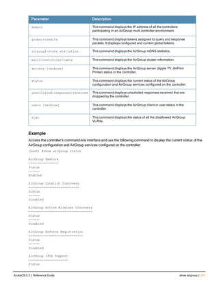Parameter Description
domain This command displays the IP address of all the controllers
participating in an AirGroup multi controller environment.
global-credits This command displays tokens assigned to query and response
packets. It displays configured and current global tokens.
internal-state statistics This command displays the AirGroup mDNS statistics.
multi-controller-table This command displays the AirGroup cluster information.
servers [verbose] This command displays the AirGroup server (Apple TV, AirPrint
Printer) status in the controller.
status This command displays the current status of the AirGroup
configuration and AirGroup services configured on the controller.
unsolicited-responses-received This command displays unsolicited responses received that are
dropped by the controller.
users [verbose] This command displays the AirGroup client or user status in the
controller.
vlan This command displays the status of all the disallowed AirGroup
VLANs.
Example
Access the controller’s command-line interface and use the following command to display the current status of the
AirGroup configuration and AirGroup services configured on the controller:
(host) #show airgroup status
AirGroup Feature
----------------
Status
------
Enabled
AirGroup Location Discovery
---------------------------
Status
------
Disabled
AirGroup Active Wireless Discovery
----------------------------------
Status
------
Disabled
AirGroup Enforce Registration
-----------------------------
Status
------
Disabled
AirGroup IPV6 Support
---------------------
Status
ArubaOS 6.3 | Reference Guide show airgroup | 721
 