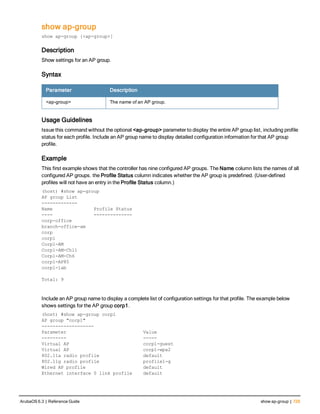 show ap-group
show ap-group [<ap-group>]
Description
Show settings for an AP group.
Syntax
Parameter Description
<ap-group> The name of an AP group.
Usage Guidelines
Issue this command without the optional <ap-group> parameter to display the entire AP group list, including profile
status for each profile. Include an AP group name to display detailed configuration information for that AP group
profile.
Example
This first example shows that the controller has nine configured AP groups. The Name column lists the names of all
configured AP groups. the Profile Status column indicates whether the AP group is predefined. (User-defined
profiles will not have an entry in the Profile Status column.)
(host) #show ap-group
AP group List
-------------
Name Profile Status
---- --------------
corp-office
branch-office-am
corp
corp1
Corp1-AM
Corp1-AM-Ch11
Corp1-AM-Ch6
corp1-AP85
corp1-lab
Total: 9
Include an AP group name to display a complete list of configuration settings for that profile. The example below
shows settings for the AP group corp1.
(host) #show ap-group corp1
AP group "corp1"
-------------------
Parameter Value
--------- -----
Virtual AP corp1-guest
Virtual AP corp1-wpa2
802.11a radio profile default
802.11g radio profile profile1-g
Wired AP profile default
Ethernet interface 0 link profile default
ArubaOS 6.3 | Reference Guide show ap-group | 729
 