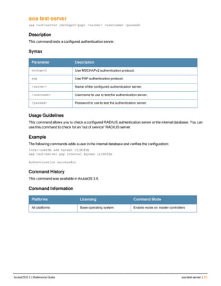 aaa test-server
aaa test-server {mschapv2|pap} <server> <username> <passwd>
Description
This command tests a configured authentication server.
Syntax
Parameter Description
mschapv2 Use MSCHAPv2 authentication protocol.
pap Use PAP authentication protocol.
<server> Name of the configured authentication server.
<username> Username to use to test the authentication server.
<passwd> Password to use to test the authentication server.
Usage Guidelines
This command allows you to check a configured RADIUS authentication server or the internal database. You can
use this command to check for an “out of service” RADIUS server.
Example
The following commands adds a user in the internal database and verifies the configuration:
local-userdb add kgreen lkjHGfds
aaa test-server pap internal kgreen lkjHGfds
Authentication successful
Command History
This command was available in ArubaOS 3.0.
Command Information
Platforms Licensing Command Mode
All platforms Base operating system Enable mode on master controllers
ArubaOS 6.3 | Reference Guide aaa test-server | 93
 