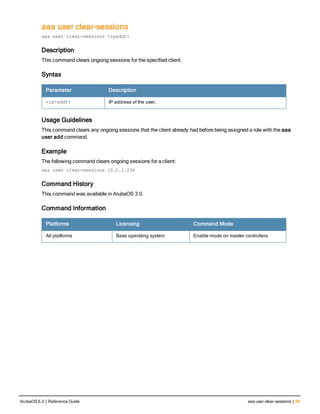 aaa user clear-sessions
aaa user clear-sessions <ipaddr>
Description
This command clears ongoing sessions for the specified client.
Syntax
Parameter Description
<ip-addr> IP address of the user.
Usage Guidelines
This command clears any ongoing sessions that the client already had before being assigned a role with the aaa
user add command.
Example
The following command clears ongoing sessions for a client:
aaa user clear-sessions 10.1.1.236
Command History
This command was available in ArubaOS 3.0.
Command Information
Platforms Licensing Command Mode
All platforms Base operating system Enable mode on master controllers
ArubaOS 6.3 | Reference Guide aaa user clear-sessions | 99
 