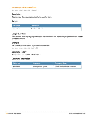 100 | aaa user clear-sessions ArubaOS 6.4| Reference Guide
aaa user clear-sessions
aaa user clear-sessions <ipaddr>
Description
This command clears ongoing sessions for the specified client.
Syntax
Parameter Description
<ip-addr> IP address of the user.
Usage Guidelines
This command clears any ongoing sessions that the client already had before being assigned a role with the aaa
user add command.
Example
The following command clears ongoing sessions for a client:
aaa user clear-sessions 10.1.1.236
Command History
This command was available in ArubaOS 3.0.
Command Information
Platforms Licensing Command Mode
All platforms Base operating system Enable mode on master controllers
 