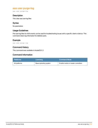 aaa user purge-log
aaa user purge-log
Description
This clear aaa user log files
Syntax
No parameters
Usage Guidelines
Per-user log files for AAA events can be used for troubleshooting issues with a specific client or device. This
command clears log information for deleted users.
Example
aaa user purge log
Command History
This command was available in ArubaOS 6.3
Command Information
Platforms Licensing Command Mode
All platforms Base operating system Enable mode on master controllers
ArubaOS 6.4| Reference Guide aaa user purge-log | 105
 