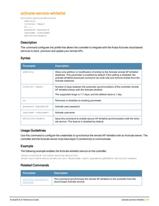 activate-service-whitelist
activate-service-whitelist
add-only
interval <days>
no ...
password <password
username <username>
whitelist-enable
Description
This command configures the profile that allows the controller to integrate with the Aruba Activate cloud-based
services to track, provision and update your remote APs.
Syntax
Parameter Description
add-only Allow only addition or modification of entries to the Activate remote AP whitelist
database. This parameter is enabled by default. If this setting is disabled, the
activate-whitelist-download command can both add and remove entries from the
Activate database.
interval <days> Number of days between the automatic synchronization of the controller remote
AP whitelist entries with the Activate whitelist.
The supported range is 1-7 days, and the default value is 1 day.
no Removes or disables an existing parameter.
password <password> Activate user password
username <username> Activate username
whitelist-enable Issue this command to enable secure AP whitelist synchronization with the Activ-
ate service. This feature is disabled by default.
Usage Guidelines
Use this command to configure the credentials to synchronize the remote AP whitelist with an Activate server. The
controller and the Activate server must have layer-3 connectivity to communicate.
Example
The following example enables the Activate whitelist service on the controller:
(host)(config)# activate-service-whitelist
(host)(activate-service-whitelist) #username user2 password pA$$w0rd whitelist-enable
Related Commands
Parameter Description
activate whitelist
download
This command synchronizes the remote AP whitelist on the controller from the
cloud-based Activate service.
ArubaOS 6.4| Reference Guide activate-service-whitelist | 109
 