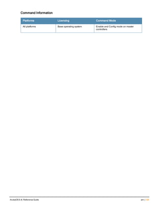 Command Information
Platforms Licensing Command Mode
All platforms Base operating system Enable and Config mode on master
controllers
ArubaOS 6.4| Reference Guide am | 125
 