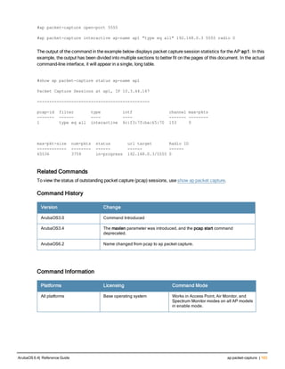 #ap packet-capture open-port 5555
#ap packet-capture interactive ap-name ap1 "type eq all" 192.168.0.3 5555 radio 0
The output of the command in the example below displays packet capture session statistics for the AP ap1. In this
example, the output has been divided into multiple sections to better fit on the pages of this document. In the actual
command-line interface, it will appear in a single, long table.
#show ap packet-capture status ap-name ap1
Packet Capture Sessions at ap1, IP 10.3.44.167
----------------------------------------------
pcap-id filter type intf channel max-pkts
------- ------ ---- ---- ------- --------
1 type eq all interactive 6c:f3:7f:ba:65:70 153 0
max-pkt-size num-pkts status url target Radio ID
------------ -------- ------ ------ ------
65536 3759 in-progress 192.168.0.3/5555 0
Related Commands
To view the status of outstanding packet capture (pcap) sessions, use show ap packet capture.
Command History
Version Change
ArubaOS3.0 Command Introduced
ArubaOS3.4 The maxlen parameter was introduced, and the pcap start command
deprecated.
ArubaOS6.2 Name changed from pcap to ap packet capture.
Command Information
Platforms Licensing Command Mode
All platforms Base operating system Works in Access Point, Air Monitor, and
Spectrum Monitor modes on all AP models
in enable mode.
ArubaOS 6.4| Reference Guide ap packet-capture | 163
 
