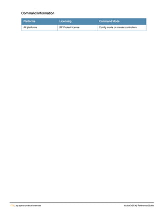 172 | ap spectrum local-override ArubaOS 6.4| Reference Guide
Command Information
Platforms Licensing Command Mode
All platforms RF Protect license Config mode on master controllers
 