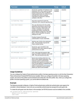 Parameter Description Range Default
switchip-in-redirection-url Sends the controller’s IP address in the
redirection URL when external captive
portal servers are used. An external
captive portal server can determine the
controller from which a request
originated by parsing the ‘switchip’
variable in the URL.
enabled/
disabled
disabled
url-hash-key <key> Issue this command to hash the
redirection URL using the specified key.
— disabled
user-idle-timeout The user idle timeout for this profile.
Specify the idle timeout value for the
client in seconds. Valid range is 30-
15300 in multiples of 30 seconds.
Enabling this option overrides the
global settings configured in the AAA
timers. If this is disabled, the global
settings are used.
— disabled
user-logon Enables Captive Portal with
authentication of user credentials.
enabled/
disabled
enabled
user-vlan-in-redirection-url
<ipaddr>
Add the user VLAN in the redirection
URL. This parameter requires the
Public Access license.
enabled
disabled
disabled
user-vlan-redirection-url Sends the user’s VLAN ID in the
redirection URL when external captive
portal servers are used.
— —
welcome-page <url> URL of the page that appears after
logon and before redirection to the web
URL. This can be set to any URL.
— /auth/welcome
.html
white-list <white-list> Name of an existing white list on an
IPv4 or IPv6 network destination. The
white list contains authenticated
websites that a guest can access. If you
have not yet defined a netdestination,
use the CLI command netdestination to
define a destination host or subnet
before you add it to the whitelist
— —
Usage Guidelines
You can configure the Captive Portal authentication profile in the base operating system or with the Next Generation
Policy Enforcement Firewall (PEFNG) license installed. When you configure the profile in the base operating
system, the name of the profile must be entered for the initial role in the AAA profile. Also, when you configure the
profile in the base operating system, you cannot define the default-role.
Example
The following example configures a Captive Portal authentication profile that authenticates users against the
controller’s internal database. Users who are successfully authenticated are assigned the auth-guest role.
To create the auth-guest user role shown in this example, the PEFNG license must be installed in the controller.
aaa authentication captive-portal guestnet
default-role auth-guest
user-logon
ArubaOS 6.4| Reference Guide aaa authentication captive-portal | 19
 