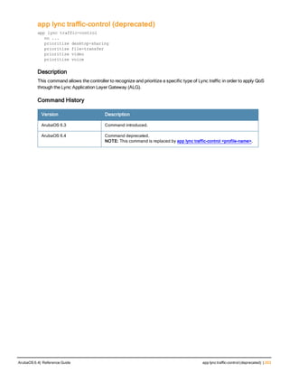 app lync traffic-control (deprecated)
app lync traffic-control
no ...
prioritize desktop-sharing
prioritize file-transfer
prioritize video
prioritize voice
Description
This command allows the controller to recognize and prioritize a specific type of Lync traffic in order to apply QoS
through the Lync Application Layer Gateway (ALG).
Command History
Version Description
ArubaOS 6.3 Command introduced.
ArubaOS 6.4 Command deprecated.
NOTE: This command is replaced by app lync traffic-control <profile-name>.
ArubaOS 6.4| Reference Guide app lync traffic-control(deprecated) | 203
 