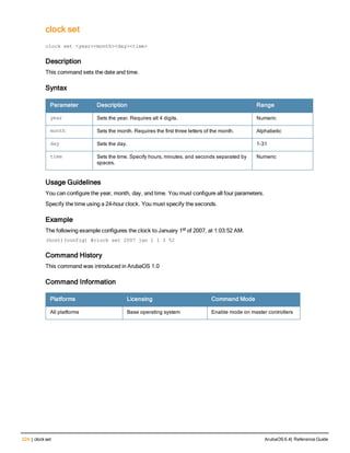 224 | clock set ArubaOS 6.4| Reference Guide
clock set
clock
clock set <year><month><day><time>
Description
This command sets the date and time.
Syntax
Parameter Description Range
year Sets the year. Requires all 4 digits. Numeric
month Sets the month. Requires the first three letters of the month. Alphabetic
day Sets the day. 1-31
time Sets the time. Specify hours, minutes, and seconds separated by
spaces.
Numeric
Usage Guidelines
You can configure the year, month, day, and time. You must configure all four parameters.
Specify the time using a 24-hour clock. You must specify the seconds.
Example
The following example configures the clock to January 1st of 2007, at 1:03:52 AM.
(host)(config) #clock set 2007 jan 1 1 3 52
Command History
This command was introduced in ArubaOS 1.0
Command Information
Platforms Licensing Command Mode
All platforms Base operating system Enable mode on master controllers
 