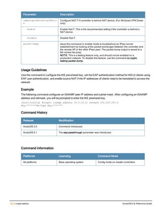 252 | crypto isakmp ArubaOS 6.4| Reference Guide
Parameter Description
udpencap-behind-natdevic
e
Configure NAT-T if controller is behind NAT device. (For Windows VPN Dialer
only)
enable Enable Nat-T. This is the recommended setting if the controller is behind a
NAT device.
disable Disable Nat-T.
packet-dump Issue this command in enable mode to troubleshoot an IPsec tunnel
establishment by looking at the packet exchanges between the controller and
the remote AP or the other IPsec peer. The packet dump output is saved to a
file named ike.pcap.
NOTE: This is a testing feature only, and should not be enabled on a
production network. To disable this feature, use the command no crypto
isakmp packet-dump.
Usage Guidelines
Use this command to configure the IKE pre-shared key, set the EAP authentication method for IKEv2 clients using
EAP user authentication, and enable source NAT if the IP addresses of clients need to be translated to access the
network.
Example
The following command configures an ISAKMP peer IP address and subnet mask. After configuring an ISAKMP
address and netmask, you will be prompted to enter the IKE preshared key.
(host)(config) #crypto isakmp address 10.3.14.21 netmask 255.255.255.0
Key:*******Re-Type Key:*******
Command History
Release Modification
ArubaOS 3.0 Command introduced.
ArubaOS 6.1 The eap-passthrough parameter was introduced.
Command Information
Platforms Licensing Command Mode
All platforms Base operating system Config mode on master controllers
 