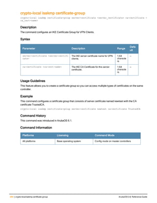 264 | crypto-localisakmp certificate-group ArubaOS 6.4| Reference Guide
crypto-local isakmp certificate-group
crypto-local isakmp certificate-group server-certificate <server_certificate> ca-certificate <
ca_cert-name>
Description
The command configures an IKE Certificate Group for VPN Clients.
Syntax
Parameter Description Range
Defa
ult
server-certificate <server-certifi
cate>
The IKE server certificate name for VPN
clients.
1-64
characte
rs
—
ca-certificate <ca-cert-name> The IKE CA Certificate for this server
certificate.
1-64
characte
rs
—
Usage Guidelines
This feature allows you to create a certificate group so you can access multiple types of certificates on the same
controller.
Example
This command configures a certificate group that consists of server certificate named newtest with the CA
certificate TrustedCA.
crypto-local isakmp certificate-group server-certificate newtest ca-certificate TrustedCA
Command History
This command was introduced in ArubaOS 6.1.
Command Information
Platforms Licensing Command Mode
All platforms Base operating system Config mode on master controllers
 