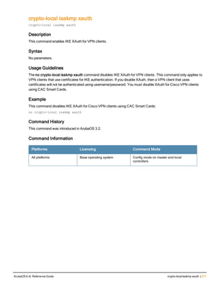 crypto-local isakmp xauth
crypto-local isakmp xauth
Description
This command enables IKE XAuth for VPN clients.
Syntax
No parameters.
Usage Guidelines
The no crypto-local isakmp xauth command disables IKE XAuth for VPN clients. This command only applies to
VPN clients that use certificates for IKE authentication. If you disable XAuth, then a VPN client that uses
certificates will not be authenticated using username/password. You must disable XAuth for Cisco VPN clients
using CAC Smart Cards.
Example
This command disables IKE XAuth for Cisco VPN clients using CAC Smart Cards:
no crypto-local isakmp xauth
Command History
This command was introduced in ArubaOS 3.2.
Command Information
Platforms Licensing Command Mode
All platforms Base operating system Config mode on master and local
controllers
ArubaOS 6.4| Reference Guide crypto-localisakmp xauth | 271
 