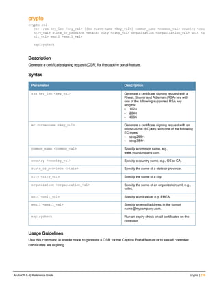 crypto
crypto pki
csr {rsa key_len <key_val> |{ec curve-name <key_val>} common_name <common_val> country <cou
ntry_val> state_or_province <state> city <city_val> organization <organization_val> unit <u
nit_val> email <email_val>
expirycheck
Description
Generate a certificate signing request (CSR) for the captive portal feature.
Syntax
Parameter Description
rsa key_len <key_val> Generate a certificate signing request with a
Rivest, Shamir and Adleman (RSA) key with
one of the following supported RSA key
lengths:
l 1024
l 2048
l 4096
ec curve-name <key_val> Generate a certificate signing request with an
elliptic-curve (EC) key, with one of the following
EC types:
l secp256r1
l secp384r1
common_name <common_val> Specify a common name, e.g.,
www.yourcompany.com.
country <country_val> Specify a country name, e.g., US or CA.
state_or_province <state> Specify the name of a state or province.
city <city_val> Specify the name of a city.
organization <organization_val> Specify the name of an organization unit, e.g.,
sales.
unit <unit_val> Specify a unit value, e.g. EMEA.
email <email_val> Specify an email address, in the format
name@mycompany.com.
expirycheck Run an expiry check on all certificates on the
controller.
Usage Guidelines
Use this command in enable mode to generate a CSR for the Captive Portal feature or to see all controller
certificates are expiring.
ArubaOS 6.4| Reference Guide crypto | 279
 