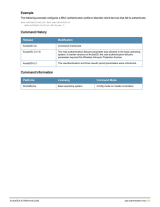 Example
The following example configures a MAC authentication profile to blacklist client devices that fail to authenticate.
aaa authentication mac mac-blacklist
max-authentication-failures 3
Command History
Release Modification
ArubaOS 3.0 Command introduced
ArubaOS 3.3.1.8 The max-authentication-failures parameter was allowed in the base operating
system. In earlier versions of ArubaOS, the max-authentication-failures
parameter required the Wireless Intrusion Protection license
ArubaOS 6.3 The reauthentication and timer reauth period parameters were introduced.
Command Information
Platforms Licensing Command Mode
All platforms Base operating system Config mode on master controllers
ArubaOS 6.4| Reference Guide aaa authentication mac | 29
 