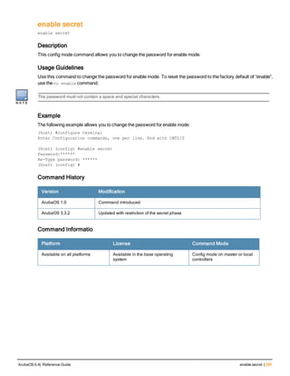 enable secret
enable secret
Description
This config mode command allows you to change the password for enable mode.
Usage Guidelines
Use this command to change the password for enable mode. To reset the password to the factory default of “enable”,
use the no enable command.
The password must not contain a space and special characters.
Example
The following example allows you to change the password for enable mode.
(host) #configure terminal
Enter Configuration commands, one per line. End with CNTL/Z
(host) (config) #enable secret
Password:******
Re-Type password: ******
(host) (config) #
Command History
Version Modification
ArubaOS 1.0 Command introduced
ArubaOS 3.3.2 Updated with restriction of the secret phase
Command Informatio
Platform License Command Mode
Available on all platforms Available in the base operating
system
Config mode on master or local
controllers
ArubaOS 6.4| Reference Guide enable secret | 295
 