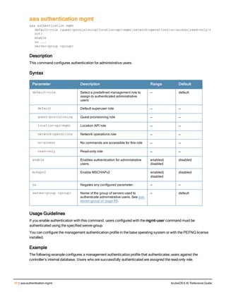 30 | aaa authentication mgmt ArubaOS 6.4| Reference Guide
aaa authentication mgmt
aaa authentication mgmt
default-role {guest-provisioning|location-api-mgmt|network-operations|no-access|read-only|r
oot}
enable
no ...
server-group <group>
Description
This command configures authentication for administrative users.
Syntax
Parameter Description Range Default
default-role Select a predefined management role to
assign to authenticated administrative
users:
— default
default Default superuser role — —
guest-provisioning Guest provisioning role — —
location-api-mgmt Location API role — —
network-operations Network operations role — —
no-access No commands are accessible for this role — —
read-only Read-only role — —
enable Enables authentication for administrative
users.
enabled|
disabled
disabled
mchapv2 Enable MSCHAPv2 enabled|
disabled
disabled
no Negates any configured parameter. — —
server-group <group> Name of the group of servers used to
authenticate administrative users. See aaa
server-group on page 89.
— default
Usage Guidelines
If you enable authentication with this command, users configured with the mgmt-user command must be
authenticated using the specified server-group.
You can configure the management authentication profile in the base operating system or with the PEFNG license
installed.
Example
The following example configures a management authentication profile that authenticates users against the
controller’s internal database. Users who are successfully authenticated are assigned the read-only role.
 
