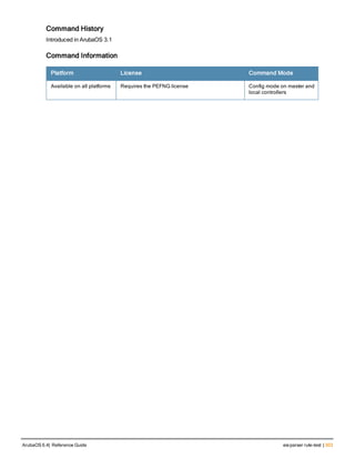 Command History
Introduced in ArubaOS 3.1
Command Information
Platform License Command Mode
Available on all platforms Requires the PEFNG license Config mode on master and
local controllers
ArubaOS 6.4| Reference Guide esiparser rule-test | 303
 