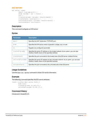 esi server
esi server <name>
[dport <tcp-udp-port>] |
[mode {bridge | nat | route}] |
[no] |
[trusted-ip-addr <ip-addr> [health-check]] |
[trusted-port <slot/port>] |
[untrusted-ip-port <ip-addr> [health-check]] |
[untrusted-port <slot/port>]
Description
This command configures an ESI server.
Syntax
Parameter Description
dport Specifies the NAT destination TCP/UDP port.
mode Specifies the ESI server mode of operation: bridge, nat, or route
no Negates any configured parameter.
trusted-ip-addr Specifies the server IP address on the trusted network. As an option, you can also
enable a health check on the specified address
trusted-port Specifies the port connected to the trusted side of the ESI server; slot/port format.
untrusted-ip-addr Specifies the server IP address on the untrusted network. As an option, you can also
enable a health check on the specified address
untrusted-port Specifies the port connected to the untrusted side of the ESI server.
Usage Guidelines
Use the show esi server command to show ESI server information.
Example
The following command specifies the ESI server attributes.
(host) (config) #esi server forti_1
mode route
trusted-ip-addr 10.168.172.3
untrusted-ip-addr 10.168.171.3
Command History
Introduced in ArubaOS 2.5.
ArubaOS 6.4| Reference Guide esiserver | 305
 