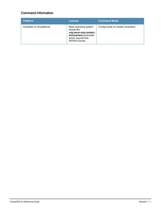 Command Information
Platform License Command Mode
Available on all platforms Base operating system
except the
voip-wmm-voip-content-
enforcement parameter
which requires the
PEFNG license.
Config mode on master controllers
ArubaOS 6.4| Reference Guide firewall | 315
 