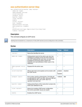 aaa authentication-server ldap
aaa authentication-server ldap <server>
admin-dn <name>
admin-passwd <string>
allow-cleartext
authport <port>
base-dn <name>
clone <server>
enable
filter <filter>
host <ipaddr>
key-attribute <string>
max-connection <number>
no ...
preferred-conn-type ldap-s|start-tls|clear-text
timeout <seconds>
Description
This command configures an LDAP server.
Starting from ArubaOS 6.4, a maximum of 128 LDAP servers can be configured on the controller.
Syntax
Parameter Description Range Default
<server> Name that identifies the server. — —
admin-dn <name> Distinguished name for the admin user who has
read/search privileges across all of the entries in
the LDAP database (the user does not need write
privileges but should be able to search the
database and read attributes of other users in the
database).
— —
admin-passwd <strin
g>
Password for the admin user. — —
allow-cleartext Allows clear-text (unencrypted) communication with
the LDAP server.
enabled
|
disabled
disabled
authport <port> Port number used for authentication. Port 636 will
be attempted for LDAP over SSL, while port 389 will
be attempted for SSL over LDAP, Start TLS
operation and clear text.
1-65535 389
base-dn <name> Distinguished Name of the node which contains the
entire user database to use.
— —
clone <server> Name of an existing LDAP server configuration
from which parameter values are copied.
— —
enable Enables the LDAP server. —
ArubaOS 6.4| Reference Guide aaa authentication-server ldap | 33
 