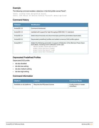 Example
The following command enables a detection in the DoS profile named “floor2”:
(host) (config) #ids dos-profile floor2
(host) (IDS Denial Of Service Profile "floor2") detect-ap-flood
Command History
Release Modification
ArubaOS 3.0 Command Introduced.
ArubaOS 3.3 Updated with support for high-throughput IEEE 802.11n standard.
ArubaOS 3.4 detect-disconnect-sta and disconnect-sta-quiet-time parameters deprecated.
ArubaOS 6.0 Deprecated predefined profiles and added numerous DoS profile options
ArubaOS 6.1 Added the following parameter in support of Detection of the Meiners Power Save
DoS attack, including event notification to the user.
detect-power-save-dos-attack
power-save-dos-min-frames
power-save-dos-quiet-time
power-save-dos-threshold
Deprecated Predefined Profiles
Deprecated DOS profile:
l ids-dos-disabled
l ids-dos-low-setting
l ids-dos-medium-setting
l ids-dos-high-setting
Command Information
Platform License Command Mode
Available on all platforms Requires the RFprotect license Config mode on master
controllers
ArubaOS 6.4| Reference Guide ids dos-profile | 341
 