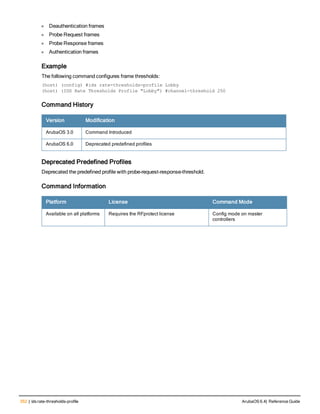 352 | ids rate-thresholds-profile ArubaOS 6.4| Reference Guide
l Deauthentication frames
l Probe Request frames
l Probe Response frames
l Authentication frames
Example
The following command configures frame thresholds:
(host) (config) #ids rate-thresholds-profile Lobby
(host) (IDS Rate Thresholds Profile "Lobby") #channel-threshold 250
Command History
Version Modification
ArubaOS 3.0 Command Introduced
ArubaOS 6.0 Deprecated predefined profiles
Deprecated Predefined Profiles
Deprecated the predefined profile with probe-request-response-threshold.
Command Information
Platform License Command Mode
Available on all platforms Requires the RFprotect license Config mode on master
controllers
 