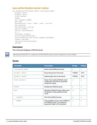 36 | aaa authentication-server radius ArubaOS 6.4| Reference Guide
aaa authentication-server radius
aaa authentication-server radius <rad_server_name>
acctport <port>
authport <port>
clone <server>
enable
host <ipaddr>|<FQDN>
key <psk>
mac-delimiter [colon | dash | none | oui-nic]
mac-lowercase
nas-identifier <string>
nas-ip <ipaddr>
nas-ip6 <ipv6-adrress>
no ...
retransmit <number>
service-type-framed-user
source-interface vlan <vlan> ip6addr <ipv6addr>
timeout <seconds>
use-ip-for-calling-station
use-md5
Description
This command configures a RADIUS server.
Starting from ArubaOS 6.4, a maximum of 128 RADIUS servers can be configured on the controller.
Syntax
Parameter Description Range Default
<rad_server_name> Name that identifies the server. — —
acctport <port> Accounting port on the server. 1-65535 1813
authport <port> Authentication port on the server 1-65535 1812
clone <server> Name of an existing RADIUS server
configuration from which parameter
values are copied.
— —
enable Enables the RADIUS server. — —
host Identify the RADIUS server either by its
IP address or fully qualified domain
name.
— —
<ipaddr> IPv4 of the RADIUS server. — —
<FQDN> Fully qualified domain name (FQDN) of
the RADIUS server. The maximum
supported length is 63 characters.
— —
 