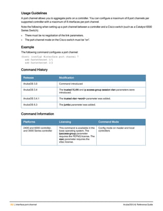 382 | interface port-channel ArubaOS 6.4| Reference Guide
Usage Guidelines
A port channel allows you to aggregate ports on a controller. You can configure a maximum of 8 port channels per
supported controller with a maximum of 8 interfaces per port channel.
Note the following when setting up a port channel between a controller and a Cisco switch (such as a Catalyst 6500
Series Switch):
l There must be no negotiation of the link parameters.
l The port-channel mode on the Cisco switch must be “on”.
Example
The following command configures a port channel:
(host) (config) #interface port channel 7
add fastethernet 1/1
add fastethernet 1/2
Command History
Release Modification
ArubaOS 3.0 Command introduced
ArubaOS 3.4 The trusted VLAN and ip access-group session vlan parameters were
introduced.
ArubaOS 3.4.1 The trusted vlan <word> parameter was added.
ArubaOS 6.3 The jumbo parameter was added.
Command Information
Platforms Licensing Command Mode
2400 and 6000 controller,
and 3000 Series controller
This command is available in the
base operating system. The
ipaccess-group parameter
requires the PEFNG license. The
xsec parameter requires the
xSec license.
Config mode on master and local
controllers
 