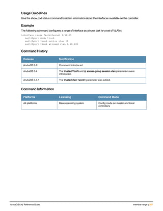 Usage Guidelines
Use the show port status command to obtain information about the interfaces available on the controller.
Example
The following command configures a range of interface as a trunk port for a set of VLANs:
interface range fastethernet 1/12-15
switchport mode trunk
switchport trunk native vlan 10
switchport trunk allowed vlan 1,10,100
Command History
Release Modification
ArubaOS 3.0 Command introduced
ArubaOS 3.4 The trusted VLAN and ip access-group session vlan parameters were
introduced.
ArubaOS 3.4.1 The trusted vlan <word> parameter was added.
Command Information
Platforms Licensing Command Mode
All platforms Base operating system Config mode on master and local
controllers
ArubaOS 6.4| Reference Guide interface range | 387
 