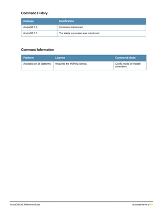 Command History
Release Modification
ArubaOS 3.0 Command introduced
ArubaOS 3.3 The mirror parameter was introduced.
Command Information
Platform License Command Mode
Available on all platforms Requires the PEFNG license. Config mode on master
controllers
ArubaOS 6.4| Reference Guide ip access-list eth | 401
 