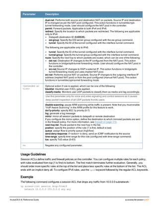 Parameter Description
dual-nat: Performs both source and destination NAT on packets. Source IP and destination
IP is changed as per the NAT pool configured. This action functions in tunnel/decrypt-
tunnel forwarding mode. User should configure the NAT pool in the controller.
permit: Forward packets. Applicable to both IPv4 and IPv6.
redirect: Specify the location to which packets are redirected. The following are applicable
only to IPv4:
l Datapath destination ID (0-65535).
l esi-group: Specify the ESI server group configured with the esi group command.
l tunnel: Specify the ID of the tunnel configured with the interface tunnel command.
The following are applicable only to IPv6:
l tunnel: Specify the ID of the tunnel configured with the interface tunnel command.
l tunnel-group: Specify the tunnel-group configured with the interface tunnel command.
route: Specify the next hop to which packets are routed, which can be one of the following:
l dst-nat: Destination IP changes to the IP configured from the NAT pool. This action
functions in bridge/split-tunnel forwarding mode. User should configure the NAT pool in
the controller.
l src-nat:Source IP changes to RAP’s external IP. This action functions in bridge/split-
tunnel forwarding mode and uses implied NAT pool.
src-nat: Performs source NAT on packets. Source IP changes to the outgoing interface IP
address (implied NAT pool) or from the pool configured (manual NAT pool). This action
functions in tunnel/decrypt-tunnel forwarding mode.
<extended ac
tion>
Optional action if rule is applied, which can be one of the following:
blacklist: blacklist user if ACL gets applied.
classify-media: Monitors user UDP packets to classify them as media and tag accordingly.
Use this parameter only for voice and video signaling and control sessions as it causes
deep packet inspection of all UDP packets from/to users.
disable-scanning: pause ARM scanning while traffic is present. Note that you must enable
“VoIP Aware Scanning” in the ARM profile for this feature to work.
dot1p-priority: specify 802.1p priority (0-7)
log: generate a log message
mirror: mirror all session packets to datapath or remote destination
If you configure the mirror option, define the destination to which mirrored packets are sent
in the firewall policy. For more information, see firewall on page 310.
next-hop-list: Route packet to the next hop in the list.
position: specify the position of the rule (1 is first, default is last)
queue: assign flow to priority queue (high/low)
send-deny-response: if <action> is deny, send an ICMP notification to the source
time-range: specify time range for this rule (configured with time-range command)
tos: specify ToS value (0-63)
no Negates any configured parameter.
Usage Guidelines
Session ACLs define traffic and firewall policies on the controller. You can configure multiple rules for each policy,
with rules evaluated from top (1 is first) to bottom. The first match terminates further evaluation. Generally, you
should order more specific rules at the top of the list and place less specific rules at the bottom of the list. The ACL
ends with an implicit deny all. To configure IPv6 rules, use the ipv6 keyword followed by the regular ACL keywords.
Example
The following command configures a session ACL that drops any traffic from 10.0.0.0 subnetwork:
ip access-list session drop-from10
network 10.0.0.0 255.0.0.0 any any
ArubaOS 6.4| Reference Guide ip access-list session | 407
 