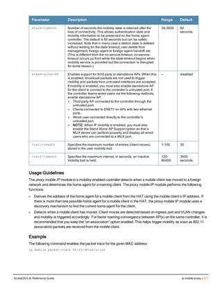 Parameter Description Range Default
stale-timeout Number of seconds the mobility state is retained after the
loss of connectivity. This allows authentication state and
mobility information to be preserved on the home agent
controller. The default is 60 seconds but can be safely
increased. Note that in many case a station state is deleted
without waiting for the stale timeout; user delete from
management, foreign agent to foreign agent handoff, etc.
(This is different from the no-service-timeout; no-service-
timeout occurs up front while the stale-timeout begins when
mobility service is provided but the connection is disrupted
for some reason.)
30-3600 60
seconds
stand-alone-AP Enables support for third party or standalone APs. When this
is enabled, broadcast packets are not used to trigger
mobility and packets from untrusted interfaces are accepted.
If mobility is enabled, you must also enable standalone AP
for the client to connect to the controller’s untrusted port. If
the controller learns wired users via the following methods,
enable standalone AP:
l Third party AP connected to the controller through the
untrusted port.
l Clients connected to ENET1 on APs with two ethernet
ports.
l Wired user connected directly to the controller’s
untrusted port.
l NOTE: When IP mobility is enabled, you must also
enable the Stand Alone AP Support option so that a
MUX server can perform properly and display all wired
users who are connected to a MUX port.
— disabled
trail-length Specifies the maximum number of entries (client moves)
stored in the user mobility trail.
1-100 30
trail-timeout Specifies the maximum interval, in seconds, an inactive
mobility trail is held.
120-
86400
3600
seconds
Usage Guidelines
The proxy mobile IP module in a mobility-enabled controller detects when a mobile client has moved to a foreign
network and determines the home agent for a roaming client. The proxy mobile IP module performs the following
functions:
l Derives the address of the home agent for a mobile client from the HAT using the mobile client’s IP address. If
there is more than one possible home agent for a mobile client in the HAT, the proxy mobile IP module uses a
discovery mechanism to find the current home agent for the client.
l Detects when a mobile client has moved. Client moves are detected based on ingress port and VLAN changes
and mobility is triggered accordingly. For faster roaming convergence between AP(s) on the same controller, it is
recommended that you keep the “on-association” option enabled. This helps trigger mobility as soon as 802.11
association packets are received from the mobile client.
Example
The following command enables the packet trace for the given MAC address:
ip mobile packet-trace 00:40:96:a6:a1:a4
ArubaOS 6.4| Reference Guide ip mobile proxy | 427
 