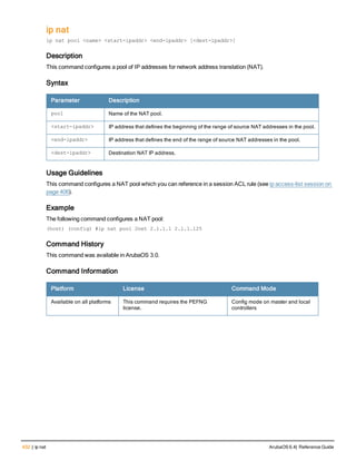 432 | ip nat ArubaOS 6.4| Reference Guide
ip nat
ip nat pool <name> <start-ipaddr> <end-ipaddr> [<dest-ipaddr>]
Description
This command configures a pool of IP addresses for network address translation (NAT).
Syntax
Parameter Description
pool Name of the NAT pool.
<start-ipaddr> IP address that defines the beginning of the range of source NAT addresses in the pool.
<end-ipaddr> IP address that defines the end of the range of source NAT addresses in the pool.
<dest-ipaddr> Destination NAT IP address.
Usage Guidelines
This command configures a NAT pool which you can reference in a session ACL rule (see ip access-list session on
page 406).
Example
The following command configures a NAT pool:
(host) (config) #ip nat pool 2net 2.1.1.1 2.1.1.125
Command History
This command was available in ArubaOS 3.0.
Command Information
Platform License Command Mode
Available on all platforms This command requires the PEFNG
license.
Config mode on master and local
controllers
 