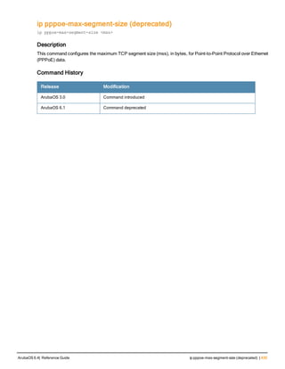 ip pppoe-max-segment-size (deprecated)
ip pppoe-max-segment-size <mss>
Description
This command configures the maximum TCP segment size (mss), in bytes, for Point-to-Point Protocol over Ethernet
(PPPoE) data.
Command History
Release Modification
ArubaOS 3.0 Command introduced
ArubaOS 6.1 Command deprecated
ArubaOS 6.4| Reference Guide ip pppoe-max-segment-size (deprecated) | 435
 
