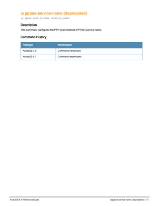 ip pppoe-service-name (deprecated)
ip pppoe-service-name <service_name>
Description
This command configures the PPP over Ethernet (PPPoE) service name.
Command History
Release Modification
ArubaOS 3.0 Command introduced
ArubaOS 6.1 Command deprecated
ArubaOS 6.4| Reference Guide ip pppoe-service-name (deprecated) | 437
 