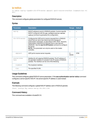 ip radius
ip radius {nas-ip <ipaddr>|rfc-3576-server udp-port <port>|source-interface {loopback|vlan <vl
an>}
Description
This command configures global parameters for configured RADIUS servers.
Syntax
Parameter Description Range Default
nas-ip NAS IP address to send in RADIUS packets. A server-specific
NAS IP configured with the aaa authentication-server
radius command supersedes this configuration.
— —
rfc-3576-server Configures the UDP port to receive requests from a RADIUS
server that can send user disconnect and change-of-
authorization messages, as described in RFC 3576, “Dynamic
Authorization Extensions to Remote Dial In User Service
(RADIUS)”. See the aaa rfc-3576-server command to configure
the server.
NOTE: This parameter can only be used on the master
controller.
— —
udp-port UDP port to receive server requests. 0-
65535
3799
source-inter
face
Interface for all outgoing RADIUS packets. The IP address of
the specified interface is included in the IP header of RADIUS
packets. The interface can be one of the following:
— —
loopback The loopback interface. — —
vlan The specified VLAN. — —
Usage Guidelines
This command configures global RADIUS server parameters. If the aaa authentication-server radius command
configures a server-specific NAS IP, the server-specific IP address is used instead.
Example
The following command configures a global NAS IP address sent in RADIUS packets:
(host) (config) #ip radius nas-ip 192.168.1.245
Command History
This command was available in ArubaOS 3.0.
ArubaOS 6.4| Reference Guide ip radius | 439
 