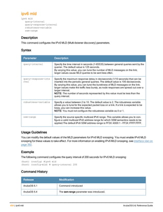 454 | ipv6 mld ArubaOS 6.4| Reference Guide
ipv6 mld
ipv6 mld
query-interval
query-response-interval
robustness-variable
ssm-range
Description
This command configures the IPv6 MLD (Multi-listener discovery) parameters.
Syntax
Parameter Description
query-interval Specify the time interval in seconds (1-65535) between general queries sent by the
querier. The default value is 125 seconds.
By varying this value, you can tune the number of MLD messages on the link;
larger values cause MLD queries to be sent less often.
query-response-inte
rval
Specify the maximum response delay in deciseconds (1/10 seconds) that can be
inserted into the periodic general queries. The default value is 100 deciseconds.
By varying this value, you can tune the burstiness of MLD messages on the link;
larger values make the traffic less bursty, as node responses are spread out over a
larger interval.
NOTE: The number of seconds represented by this value must be less than the
query interval.
robustness-variable Specify a value between 2 to 10. The default value is 2. The robustness variable
allows you to tune for the expected packet loss on a link. If a link is expected to be
lossy, you can increase this value.
NOTE: You must not configure the robustness variable as 0 or 1.
ssm-range Specify the source specific multicast IPv6 range. This variable allows you to con-
figure a valid multicast IPv6 address range for which SSM semantics needs to be
applied.The default IPv6 SSM address range is FF3X::4000:1 – FF3X::FFFF:FFFF.
Usage Guidelines
You can modify the default values of the MLD parameters for IPv6 MLD snooping. You must enable IPv6 MLD
snooping for these values to take effect. For more information on enabling IPv6 MLD snooping, see interface vlan on
page 392.
Example
The following command configures the query interval of 200 seconds for IPv6 MLD snooping:
(host) (config) #ipv6 mld
(host) (config-mld) # query-interval 200
Command History
Release Modification
ArubaOS 6.1 Command introduced
ArubaOS 6.4 The ssm-range parameter was introduced.
 