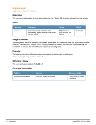 508 | loginsession ArubaOS 6.4| Reference Guide
loginsession
loginsession timeout <minutes>
Description
This command configures the time management session (via Telnet or SSH) remains active without user activity.
Syntax
Parameter Description Range Default
timeout Number of seconds or minutes that a
management session remains active without
any user activity.
5-60 minutes or 1-
3600 seconds, 0 to
disable
15 minutes
Usage Guidelines
The management user must re-login to the controller after a Telnet or SSH session times out. If you set the timeout
value to 0, sessions do not time out. The TCP session timeout for wireless and wired user sessions through the
controller is 15 minutes; this timeout for user sessions is not configurable.
Example:
The following command configures management sessions on the controller to not time out:
(host) (config) #loginsession timeout 0
Command History
This command was available in ArubaOS 3.0
Command Information
Platform License Command Mode
Available on all platforms Requires the PEFNG license Config mode on master
controllers
 